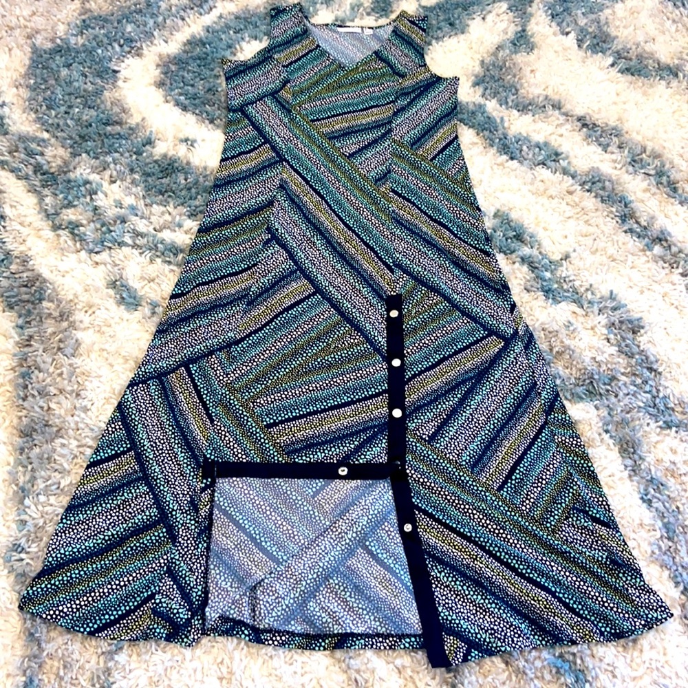 Susan Graver Printed Liquid Knit Maxi Dress ~ Black/Teal - Picture 5 of 8